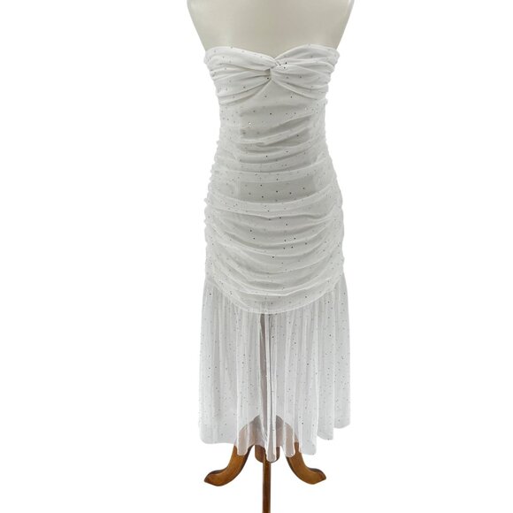 Lulus White Rhinestone Strapless Ruched Midi Dress M - Picture 2 of 8
